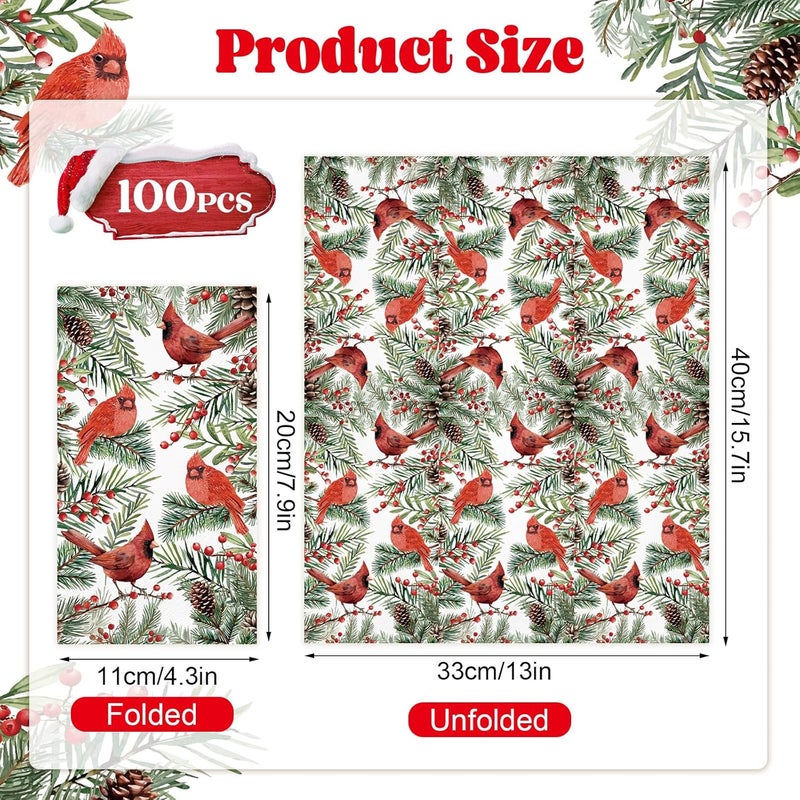 IANFEPH 100 Pcs Christmas Napkin 3 Ply Disposable Bathroom Guest Hand Towels Xmas Vintage Bird Pine Decorative Dinner Napkins for Winter Holiday Kitchen Wedding Birthday Party - Image 4